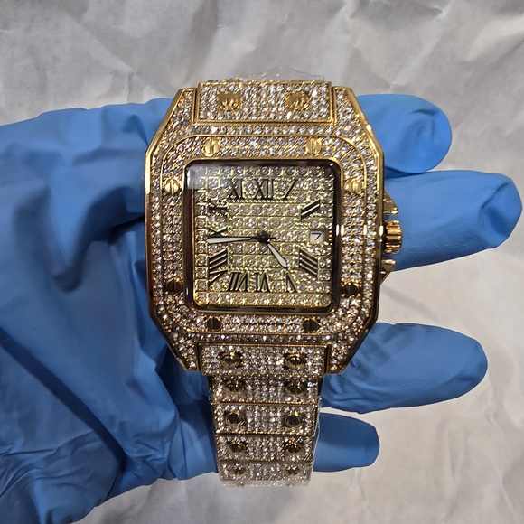 LUXURY STATEMENT WATCHGold Iced Out VVS CZHip Hop Bling44mm Rectangular